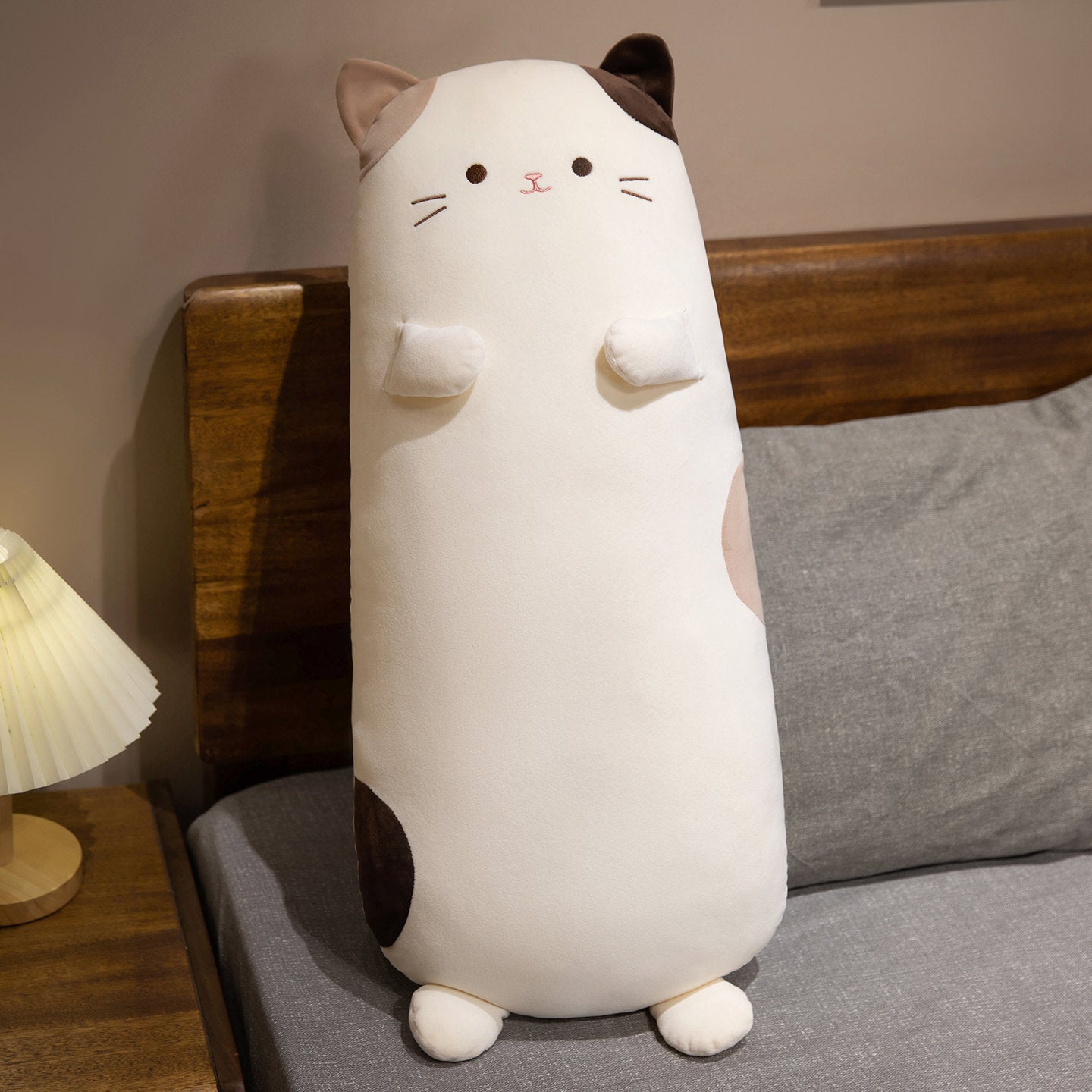 ELAINREN Cuddly Long Calico Cat Plush Pillow Fluffy White Kitten Stuffed Cushion Decor Gifts/70cm