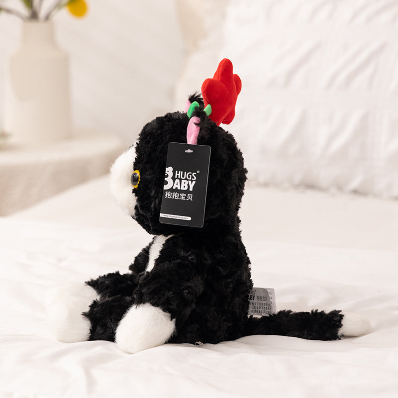 ELAINREN Cuddly Black Cat Stuffed Animals with Flower Decor/38cm
