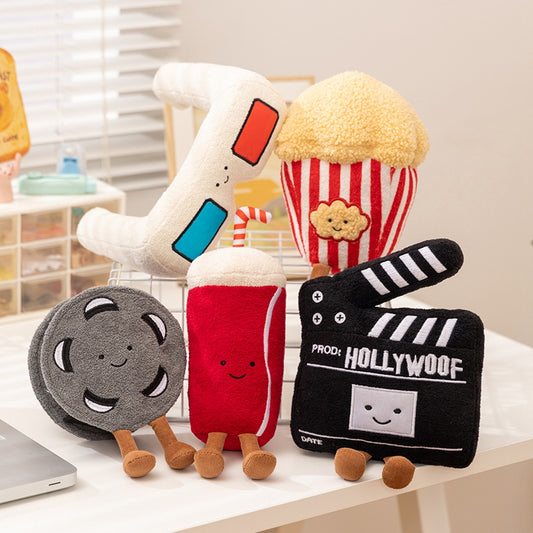 ELAINREN 5Pcs Cinema Pretend Plush Set(3D Glasses/Popcorn/Clapperboard/Soda/Film reel)