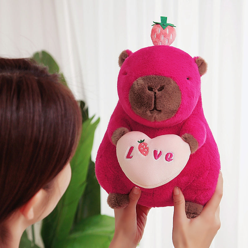 ELAINREN Strawberry Capybara Plush Pillow Soft Red Capybara Stuffed Animal with Strawberry Decor/11.8''