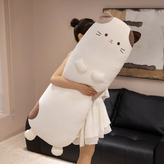 ELAINREN Cuddly Long Calico Cat Plush Pillow Fluffy White Kitten Stuffed Cushion Decor Gifts/70cm