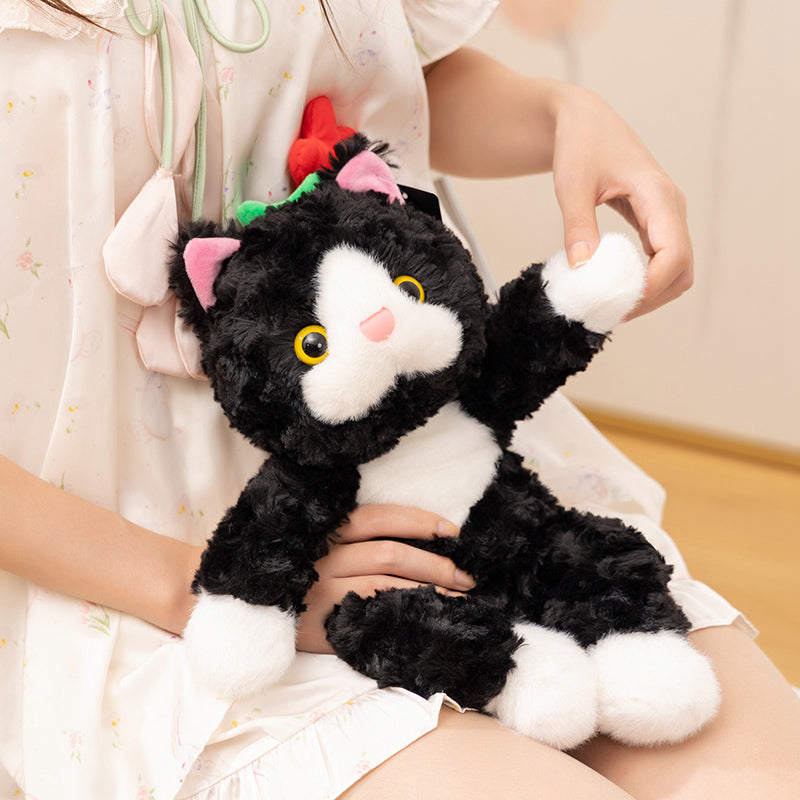 ELAINREN Cuddly Black Cat Stuffed Animals with Flower Decor/38cm