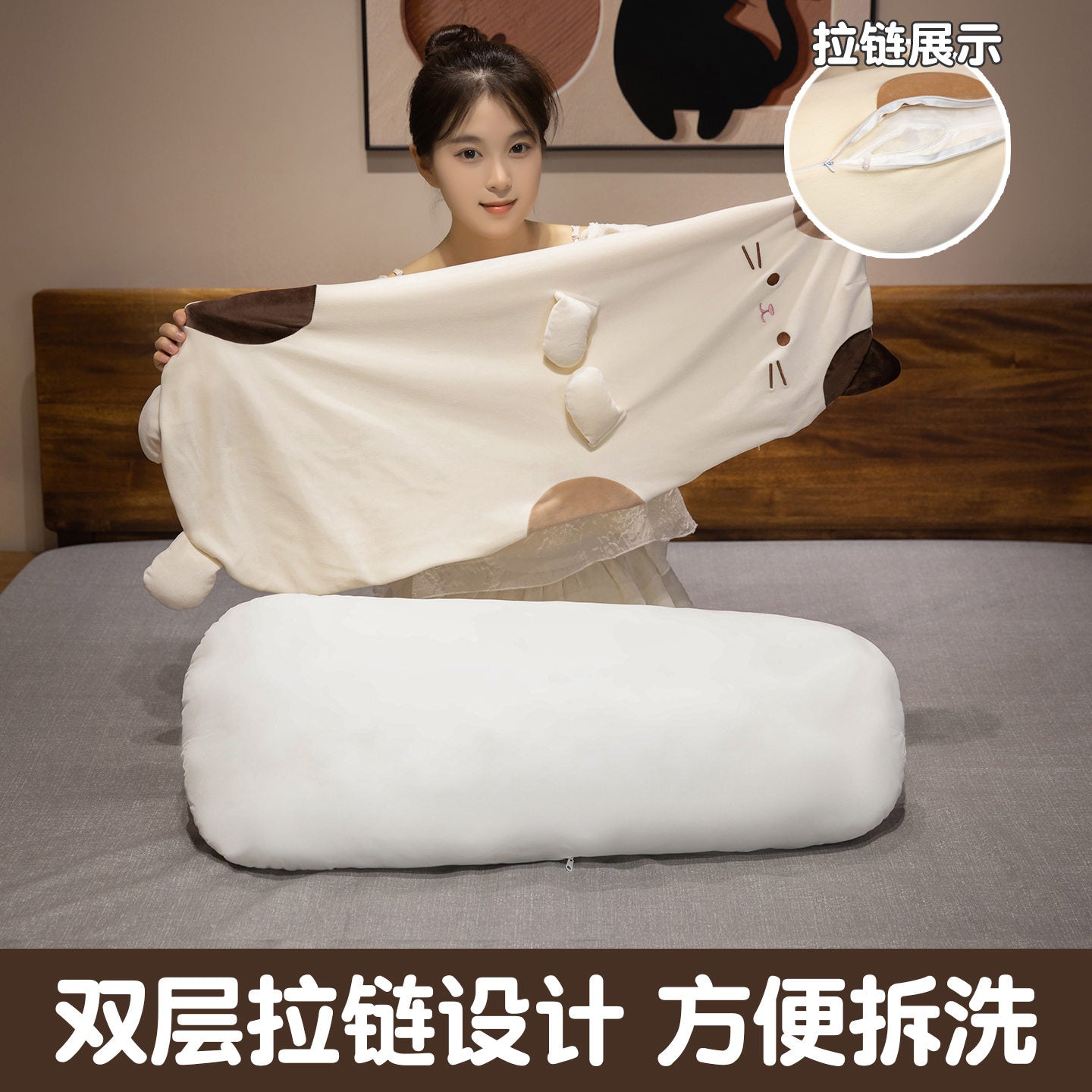 ELAINREN Cuddly Long Calico Cat Plush Pillow Fluffy White Kitten Stuffed Cushion Decor Gifts/70cm