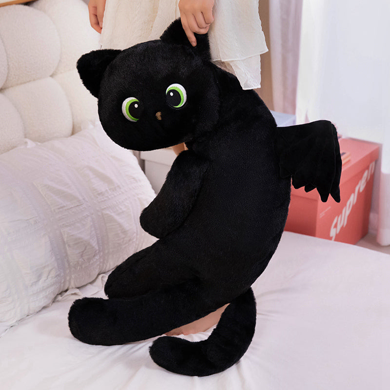 ELAINREN Long Black Cat Stuffed Pillow with Wings