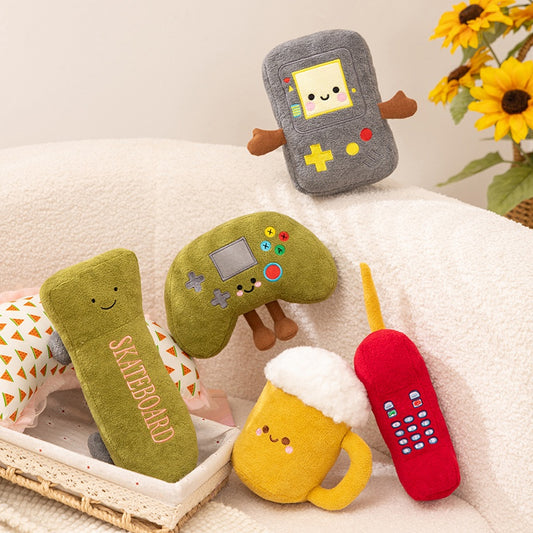 ELAINREN 5Pcs Gaming Equipment Plush Pretend Play Set(Beer/Skateboard/Game console/Handle/Mobile Phone)