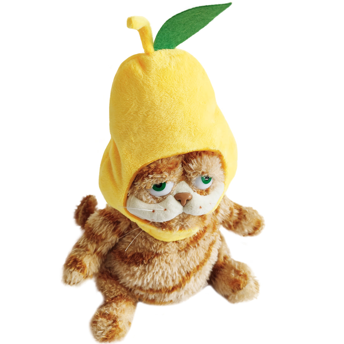 ELAINREN Kawaii Garfield Plush Toy with Pear Hat,Stuffed Fat Orange Cat Dress Fruit Costume-30cm