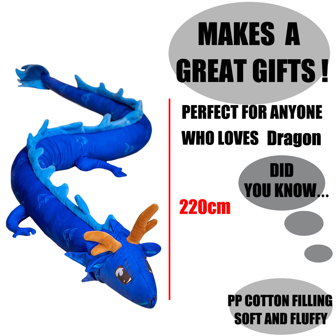 ELAINREN Super Long Blue Dragon Stuffed Toy, 86.6 Inch Large Chinese Blue Dragon Plush Soft Pillow