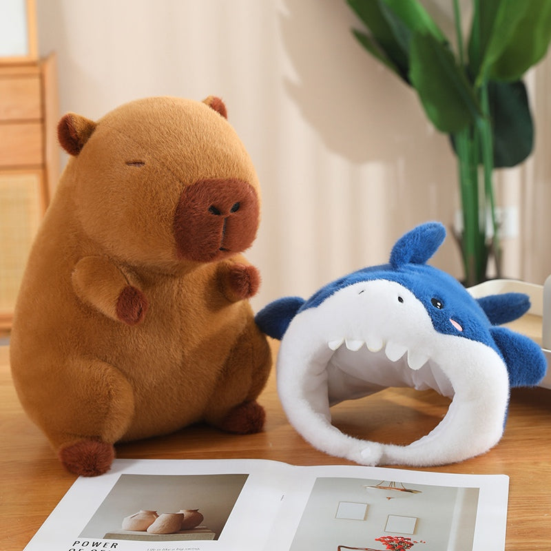 ELAINREN Cute Capybara Plush with Shark Hat,Soft Stuffed Capybara Wearing Shark Cap Crazy Shark Capybara Plushie Xmas Gifts/35cm