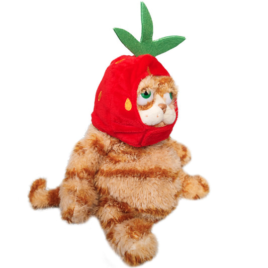 ELAINREN Kawaii Garfield Plush Toy with Strawberry Hat,Stuffed Fat Orange Cat Dress Fruit Costume-30cm