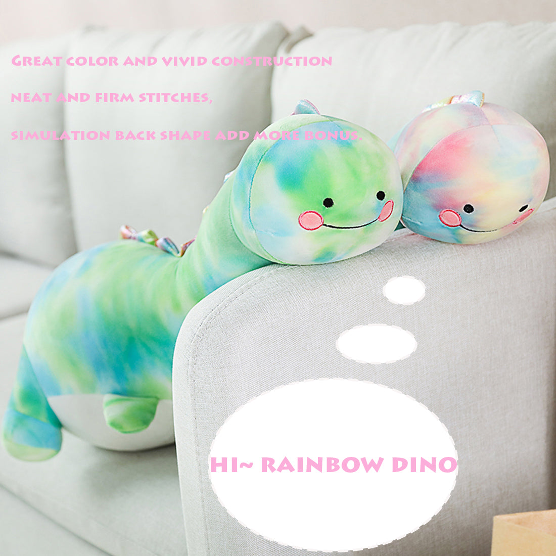 ELAINREN Big Tie-dye Dinosaur Plush Pillow Rainbow T-Rex Dino Stuffed Animals Toy/39.37''
