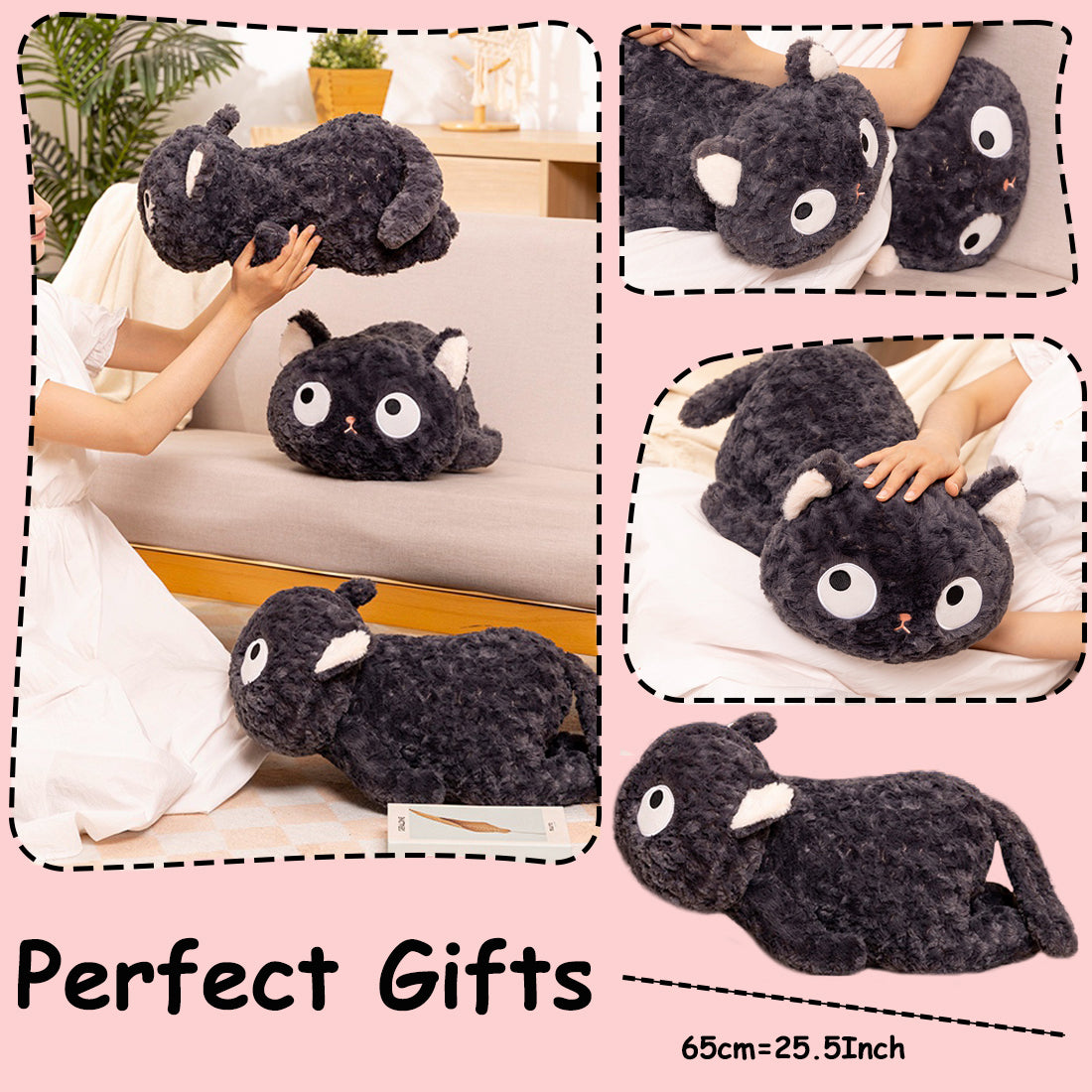 ELAINREN Ultra-Soft Gray Kitten Plush Pillow Cuddly Black Cat Kitty Stuffed Animals Gifts/55cm