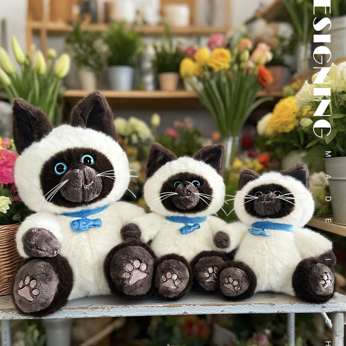 ELAINREN Cuddly Siamese Cat Stuffed Animal Toy Furry Siamese Kitten Plush Gifts/35cm