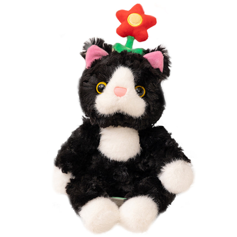 ELAINREN Cuddly Black Cat Stuffed Animals with Flower Decor/38cm