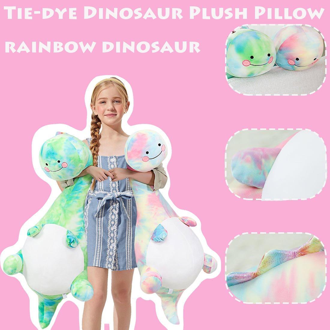 ELAINREN Big Tie-dye Dinosaur Plush Pillow Rainbow T-Rex Dino Stuffed Animals Toy/39.37''