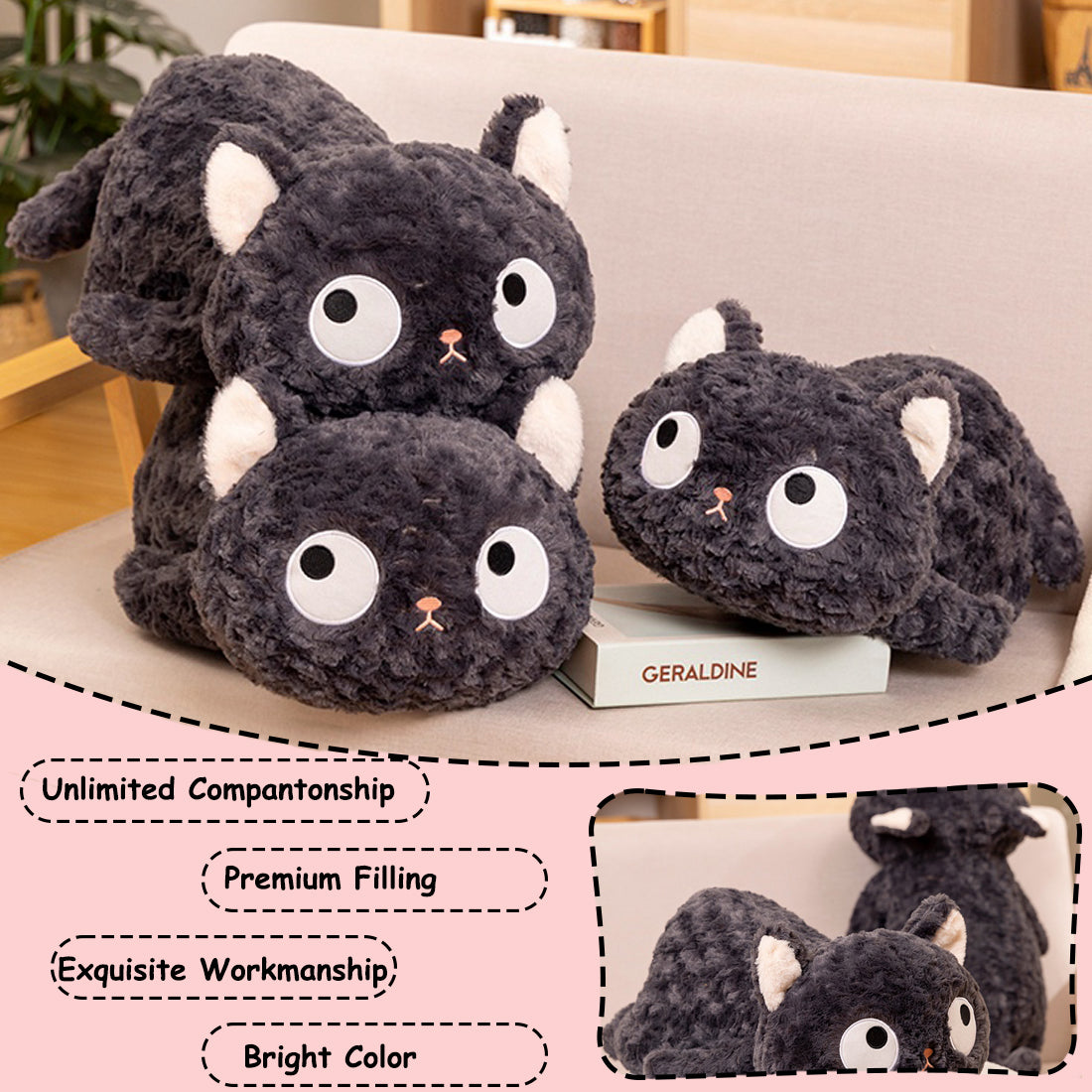 ELAINREN Ultra-Soft Gray Kitten Plush Pillow Cuddly Black Cat Kitty Stuffed Animals Gifts/55cm