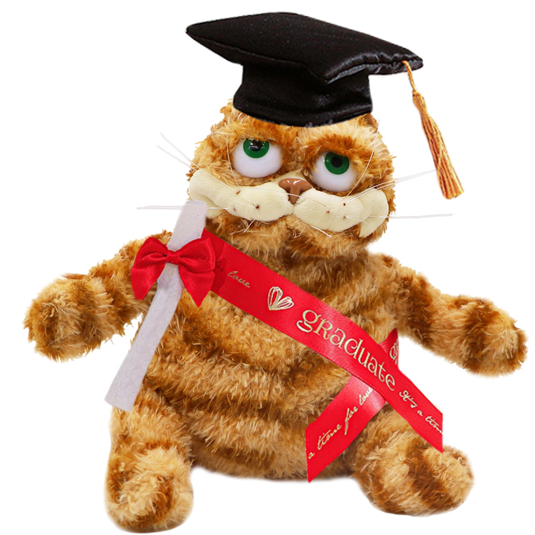 ELAINREN Graduation Plush Garfield Toy Stuffed Orange Tabby Cat with Graduation Doctoral Tam Velvet Gold Bullion Tassel Diploma/11.8''