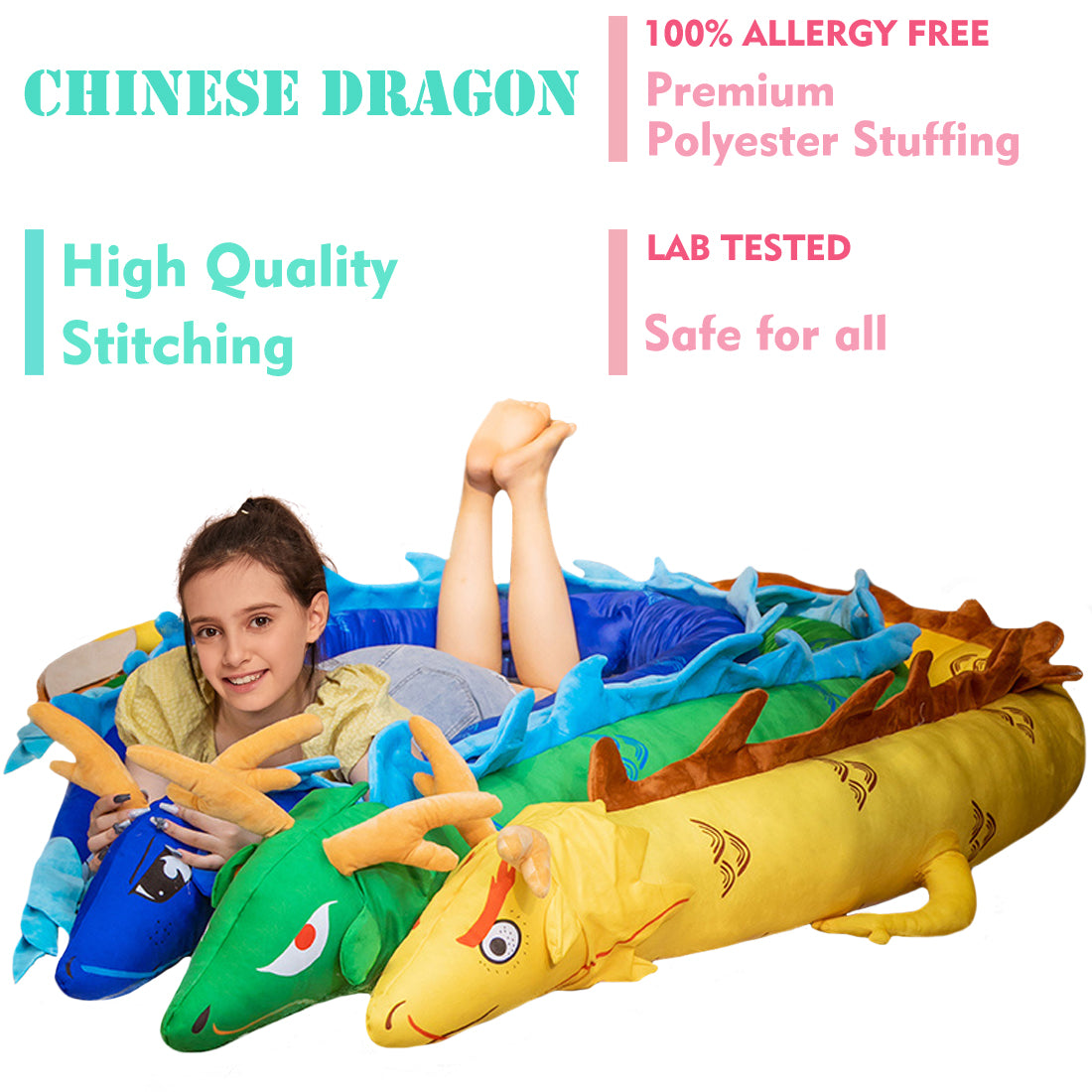 ELAINREN Super Long Blue Dragon Stuffed Toy, 86.6 Inch Large Chinese Blue Dragon Plush Soft Pillow