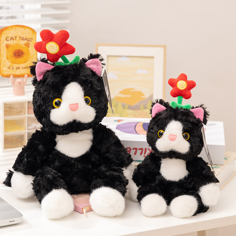 ELAINREN Cuddly Black Cat Stuffed Animals with Flower Decor/38cm