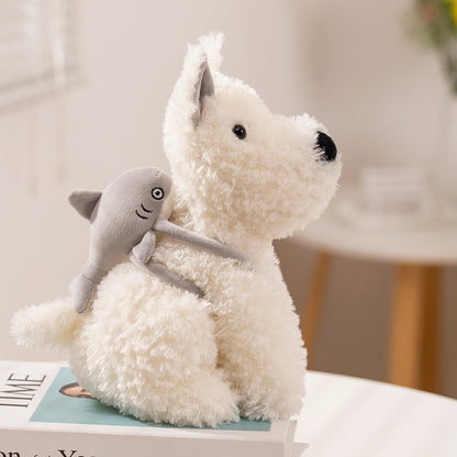ELAINREN Sitting White Dog Plush Toy with Shark Backpack Decor, Furry Puppy Stuffed Animals Dolls/24cm