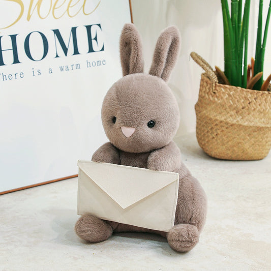 ELAINREN Furry Gray Rabbit Plush Toy Cute Stuffed Bunny with Envelope Decor/9.8inch