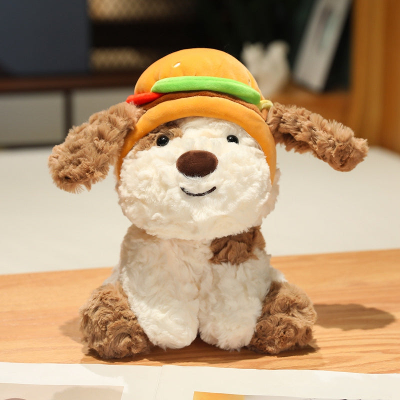 ELAINREN Cute Dog Plush Toy with French Fries Hat Kawaii Puppy Stuffed Animals with Hamburger/Milk Cap-21cm