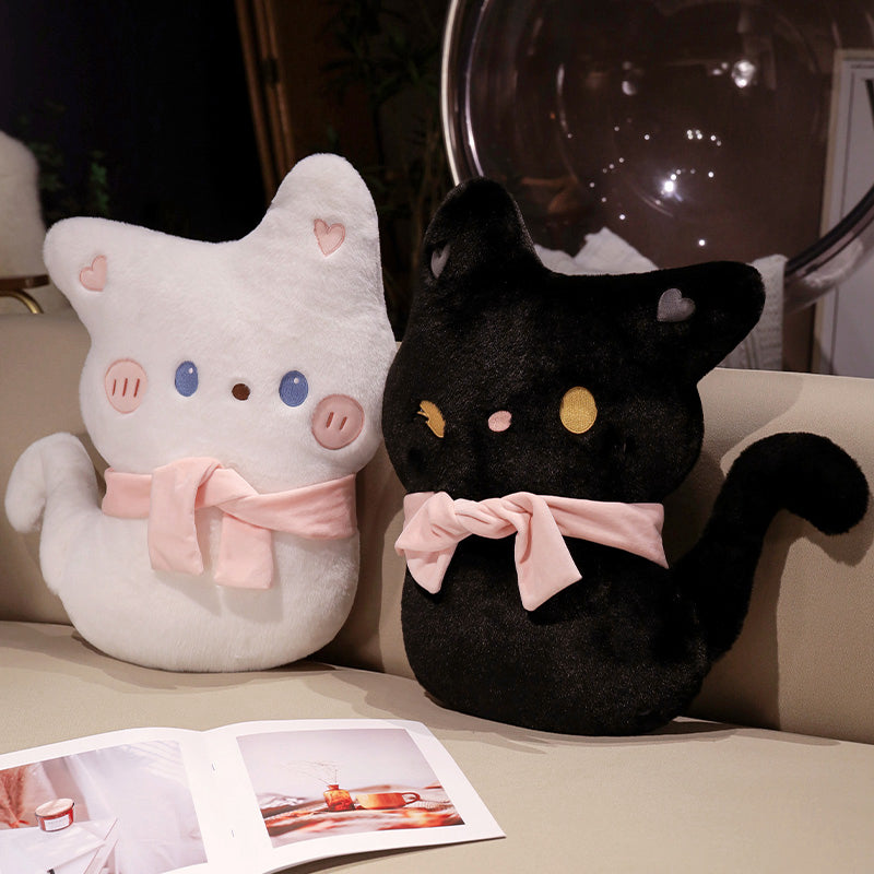 ELAINREN Sweet White Cat Stuffed Pillow Soft Black Kitten Plush Cushion