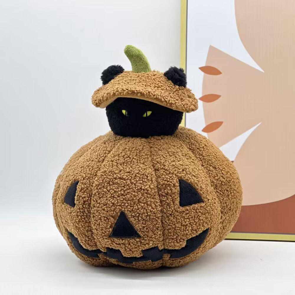 ELAINREN Creative Pumpkin Cat Plush Toy Halloween Stuffed Black Cat Wearing Pumpkin Costume/24*33cm