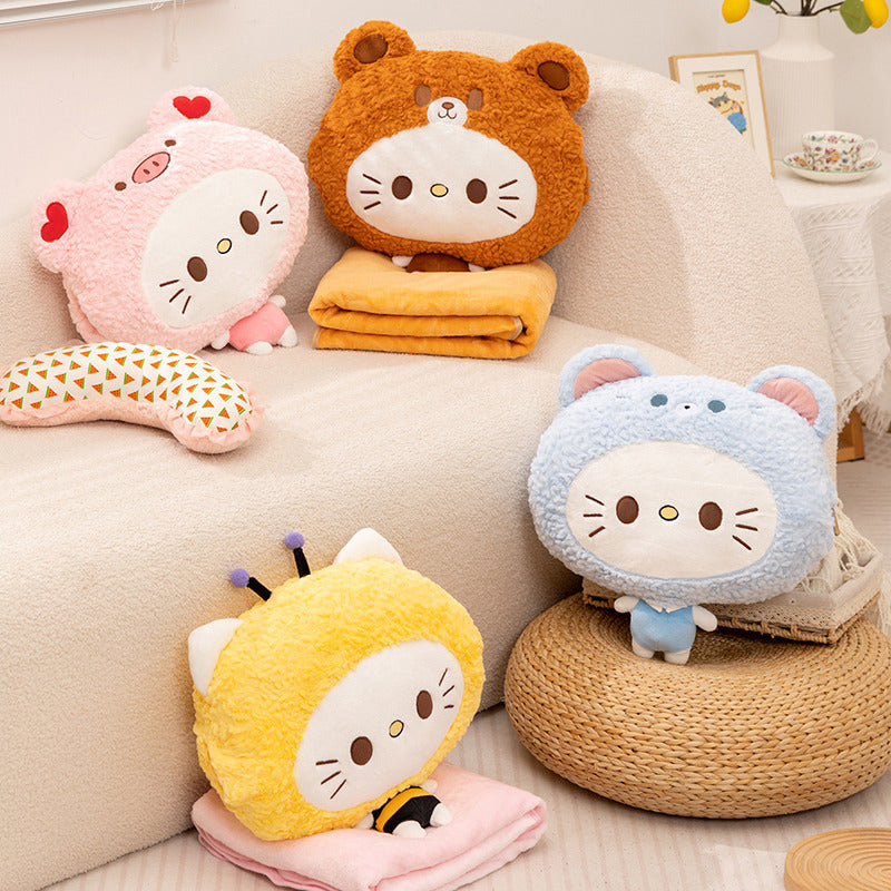 ELAINREN Kawaii Cat Plush Pillow with Blanket