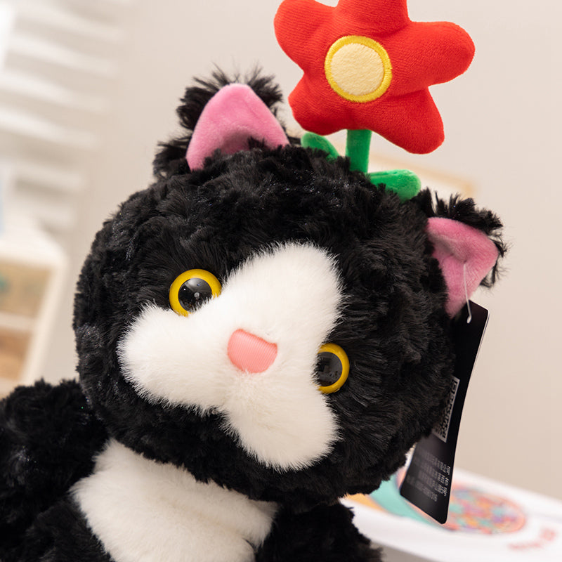 ELAINREN Cuddly Black Cat Stuffed Animals with Flower Decor/38cm