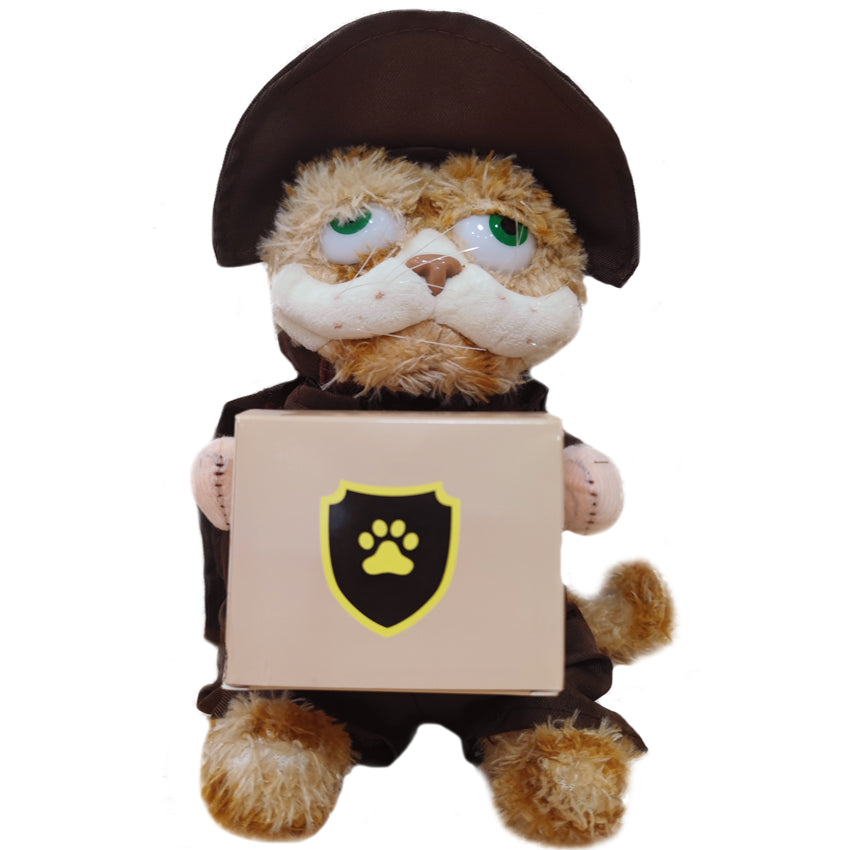 ELAINREN Stuffed Courier Garfield Cat Toy - Plush Orange Kitten Wearing Delivery Man Costume/11.8‘’