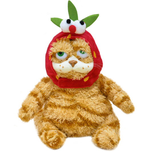 ELAINREN Kawaii Garfield Plush Toy with Strawberry Hat,Stuffed Fat Orange Cat Dress Fruit Costume-30cm