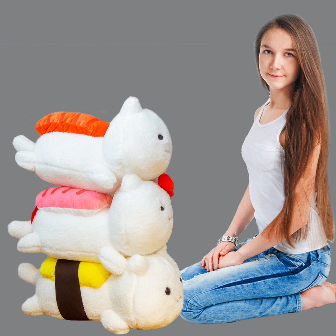 ELAINREN 3 pcs Salmon Sushi Cat Plush Pillow -Soft Tuna Sushi Kitten Stuffed Toy -Fluffy Omelet Kitty Plushie Cushion Decor Gifts/11.8''
