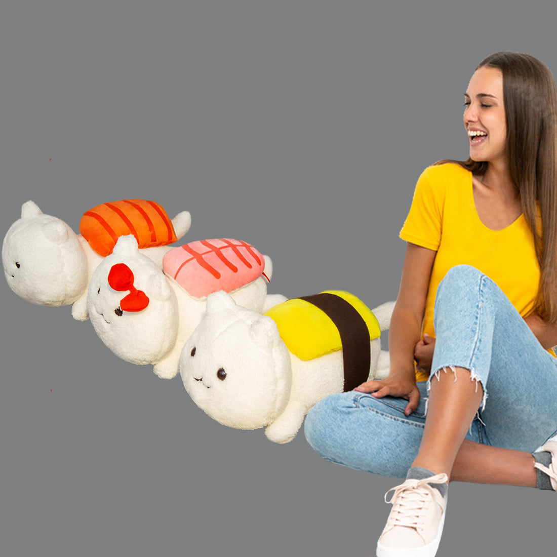 ELAINREN 3 pcs Salmon Sushi Cat Plush Pillow -Soft Tuna Sushi Kitten Stuffed Toy -Fluffy Omelet Kitty Plushie Cushion Decor Gifts/11.8''