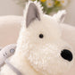 ELAINREN Sitting White Dog Plush Toy with Shark Backpack Decor, Furry Puppy Stuffed Animals Dolls/24cm