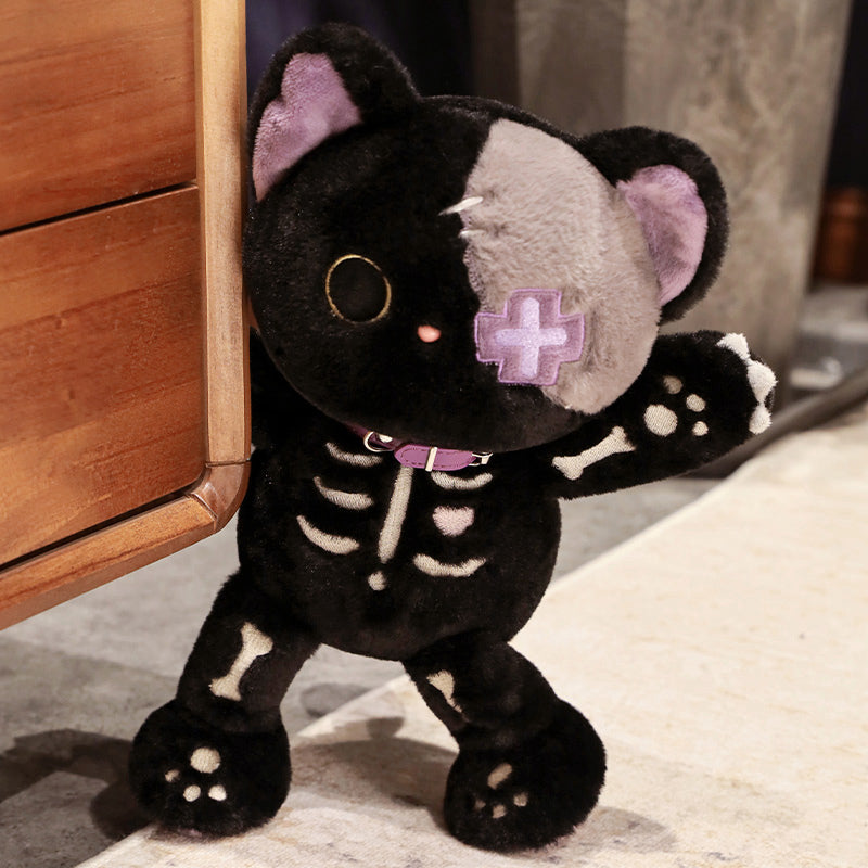 ELAINREN Halloween Skeleton Cat Plush Toy Goth Black Kitten Stuff Doll/15''