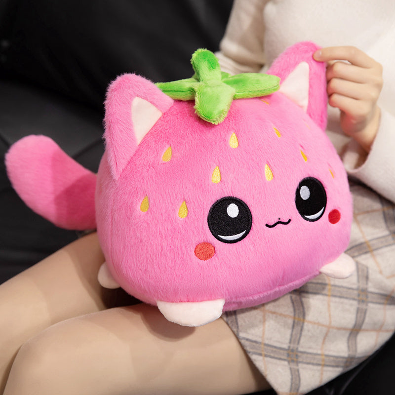 ELAINREN Cute Strawberry Cat Stuffed Pink Kitten Plush Toy Pillow