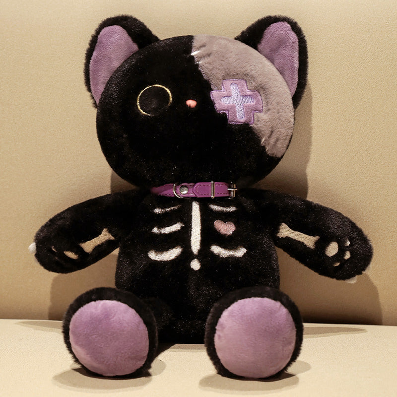 ELAINREN Halloween Skeleton Cat Plush Toy Goth Black Kitten Stuff Doll/15''