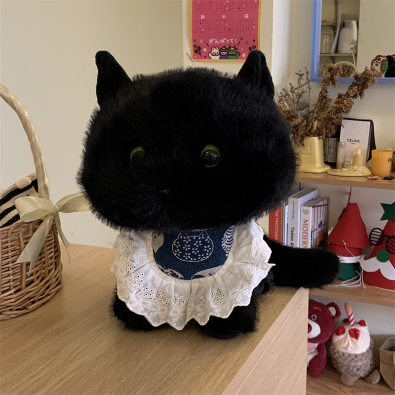 ELAINREN Furry Black Cat Plush Toy Kawaii Black Kitten Stuffed Kitty Doll Gifts/11.8 Inch