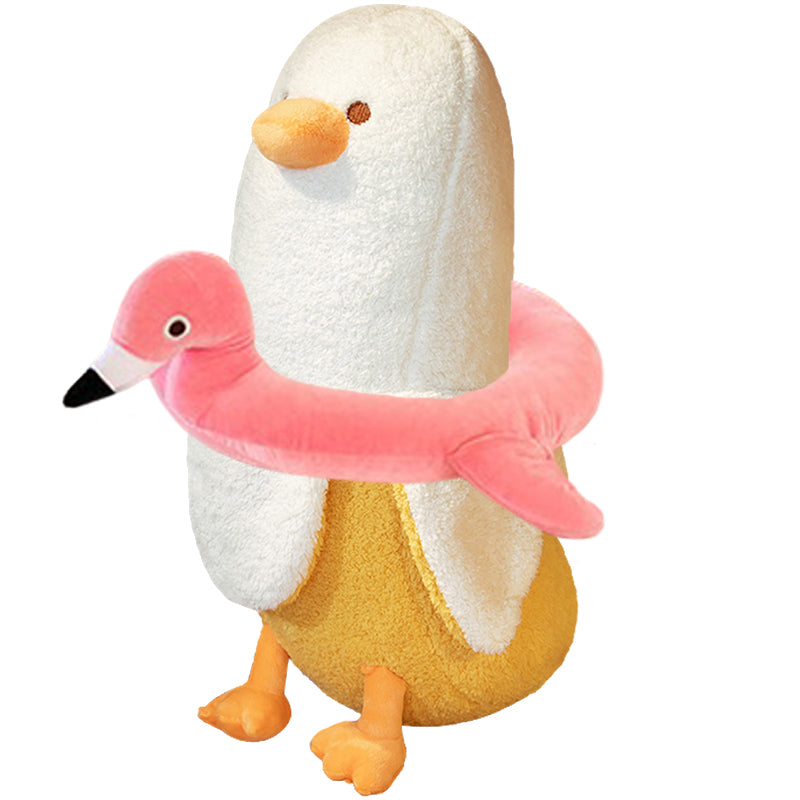 ELAINREN Swimming Banana Duck Plush Pillow Soft Banana Duck Stuffed Animal with Flamingo Swimming Ring/19.6''