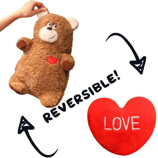 ELAINREN Reversible Bear Plushie -Teddy Bear + Lovely Heart Pillow - Cute Multi-function Stuffed Brown Bear Animals Pillow/15.7''