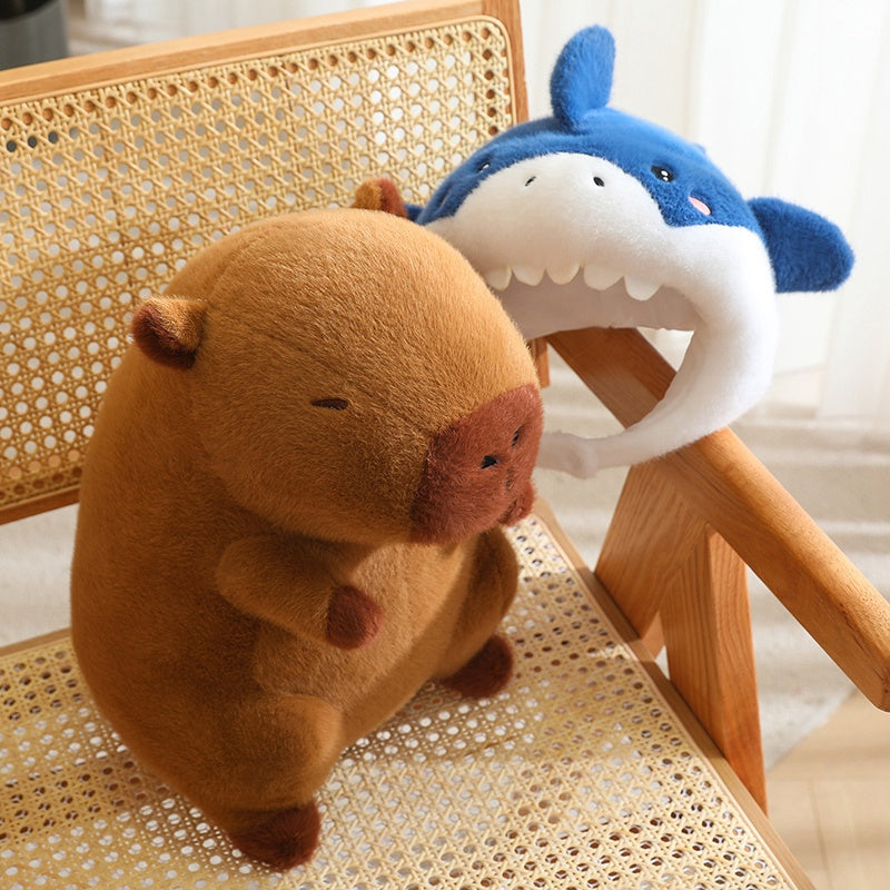 ELAINREN Cute Capybara Plush with Shark Hat,Soft Stuffed Capybara Wearing Shark Cap Crazy Shark Capybara Plushie Xmas Gifts/35cm