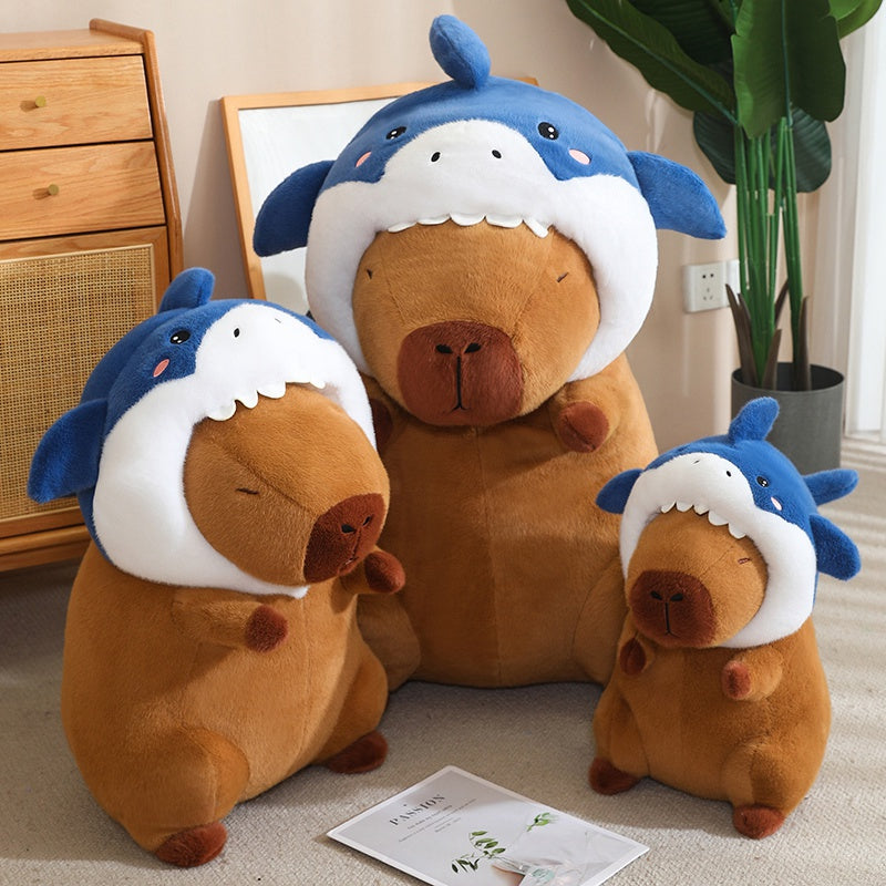 ELAINREN Cute Capybara Plush with Shark Hat,Soft Stuffed Capybara Wearing Shark Cap Crazy Shark Capybara Plushie Xmas Gifts/35cm