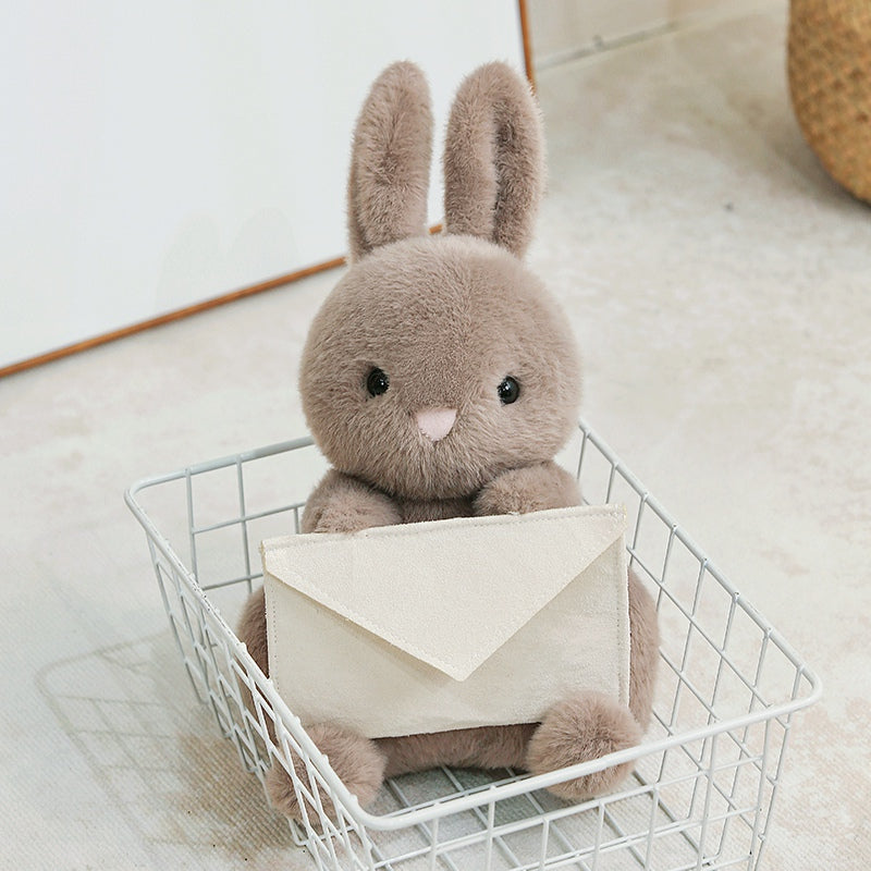 ELAINREN Furry Gray Rabbit Plush Toy Cute Stuffed Bunny with Envelope Decor/9.8inch