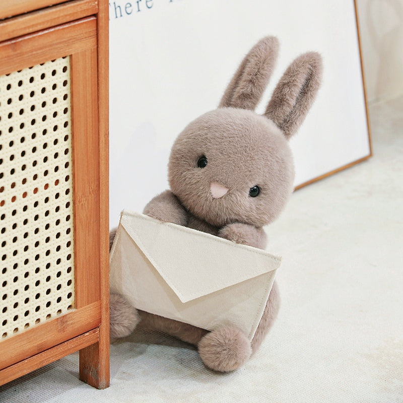 ELAINREN Furry Gray Rabbit Plush Toy Cute Stuffed Bunny with Envelope Decor/9.8inch