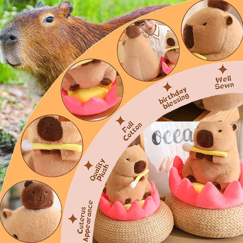 ELAINREN Lotus Capybara Plush Toy,Stuffed Brown Capybara Sitting on The Lotus, Cartoon Furry Capybara Plushie Soft Pillow Decor Gifts/11.8''