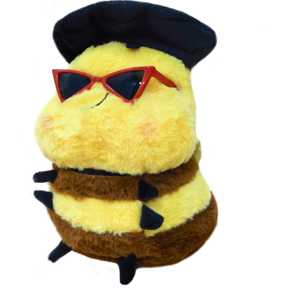 ELAINREN Cuddly Smiling Bee Plush Toy with Beret Hat and Sunglasses