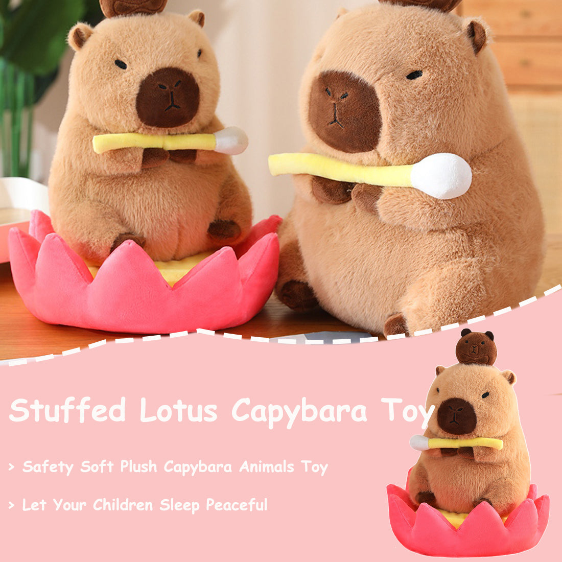 ELAINREN Lotus Capybara Plush Toy,Stuffed Brown Capybara Sitting on The Lotus, Cartoon Furry Capybara Plushie Soft Pillow Decor Gifts/11.8''