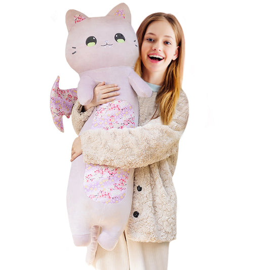 ELAINREN Long Bat Cat Plush Body Pillow Crazy Stuffed Pink Cat with Wings-23.6''