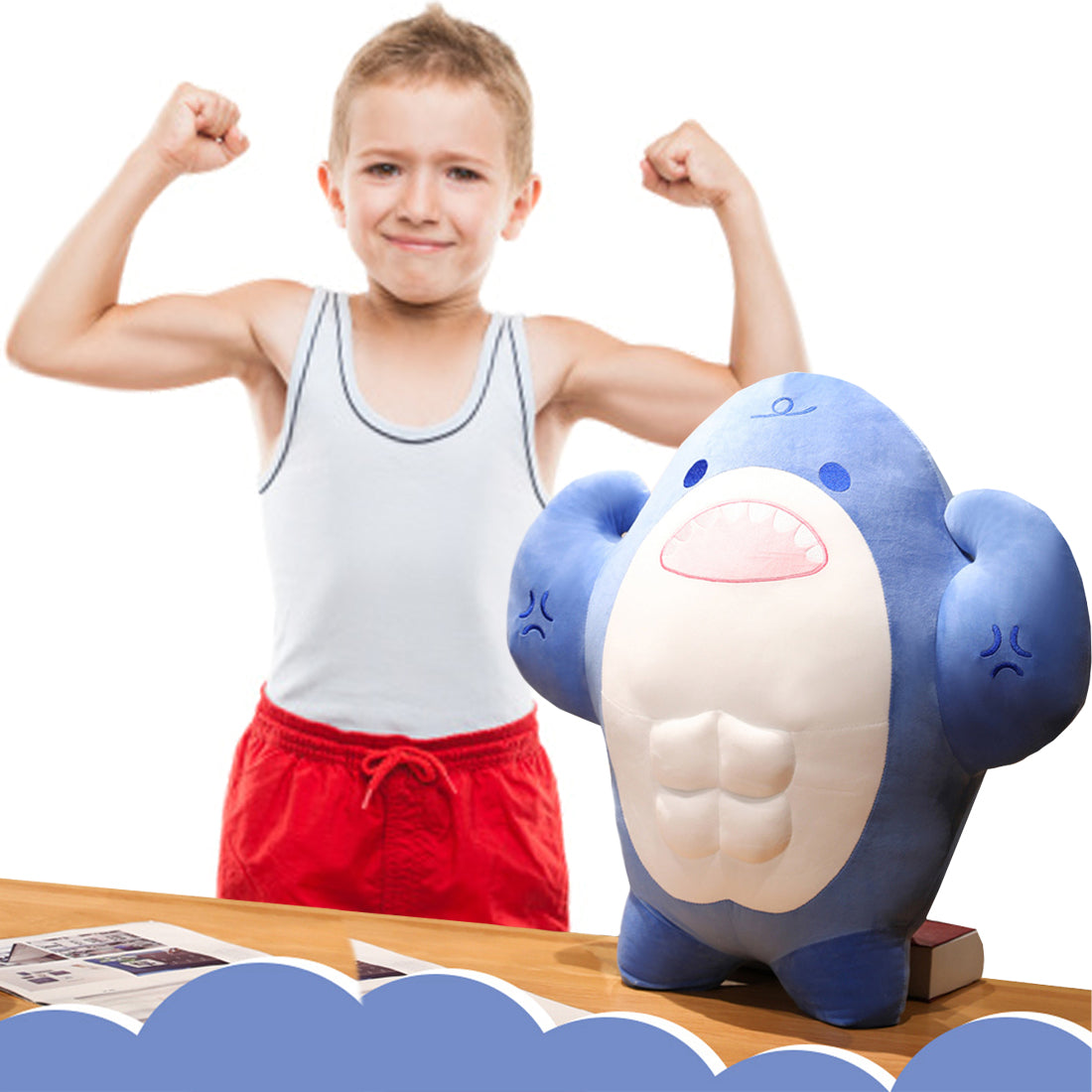 ELAINREN Big Blue Muscle Shark Plush Toy Pillow/19.6‘’