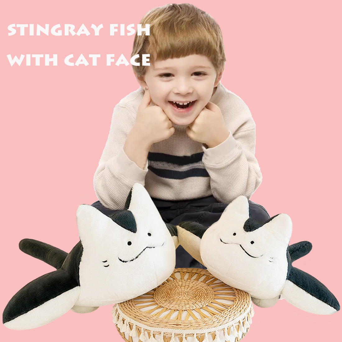 ELAINREN Stingray Fish Cat Plush Pillow Cartoon Skate Fish Kitten Plushie Deep Sea Toy Gifts/75cm